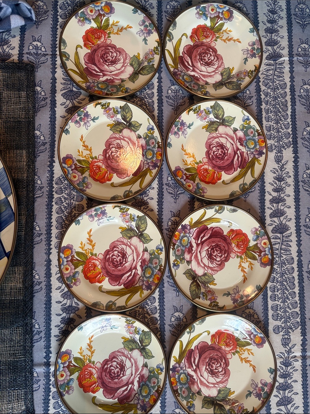 MacKenzie-Childs Floral Rose Dessert Plates - Pink, Red, Green, Blue (Set of 8)